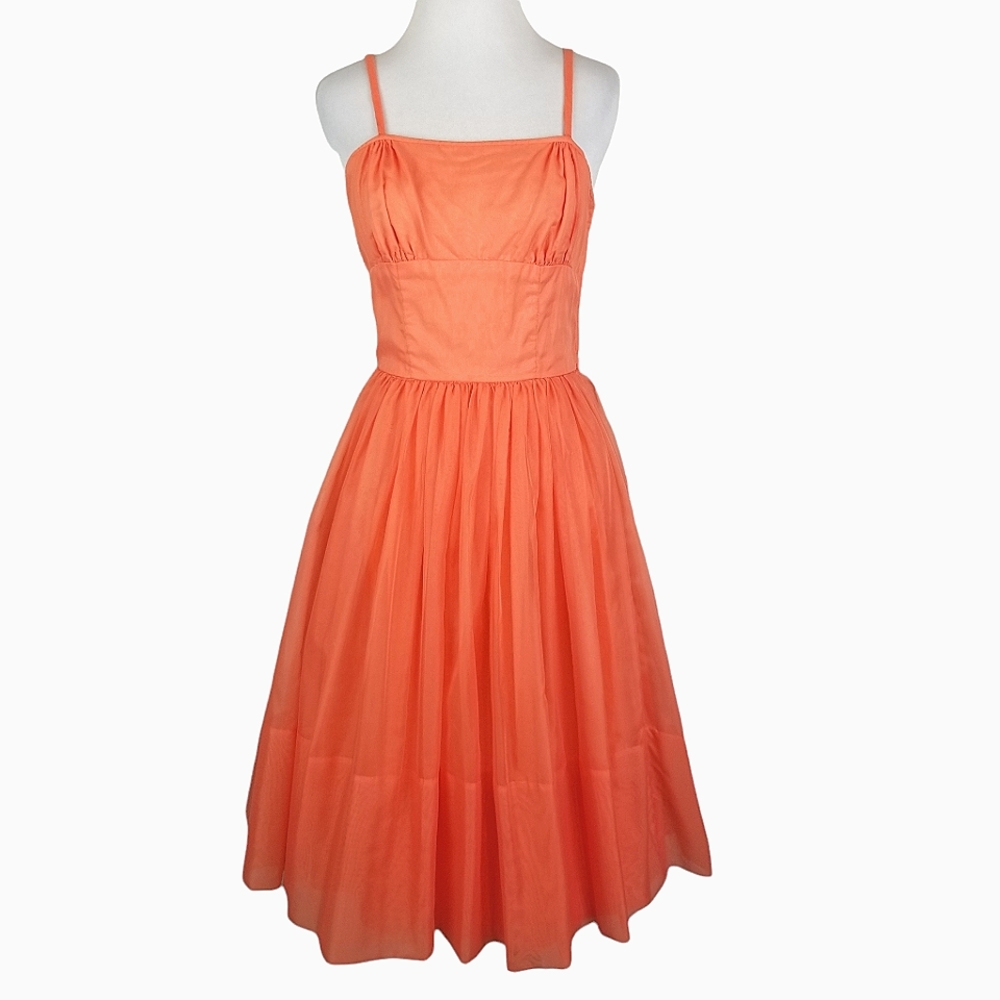 Vintage Tangerine Chiffon Fit & Flare  Ballerina 50's Dress Size Small
